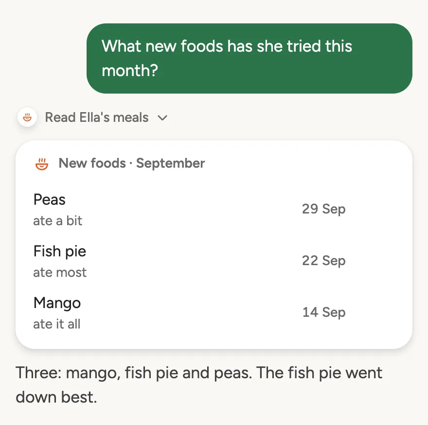 Typed: what new foods has she tried this month? Peas, fish pie and mango, with the day each was first tried.