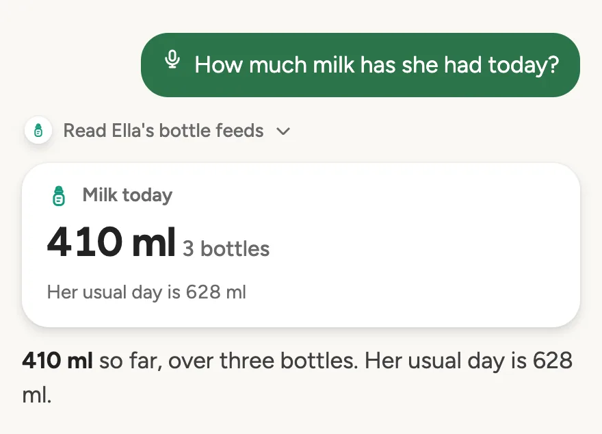 Asked out loud: how much milk has she had today? Doodle reads her bottle feeds: 410 ml over three bottles, against her usual 628 ml a day.