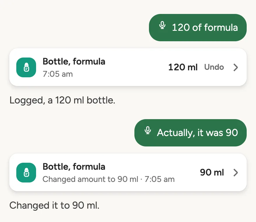 A 120 ml formula bottle logged at 7:05 am, then corrected out loud to 90 ml; the change card reads changed amount to 90 ml.