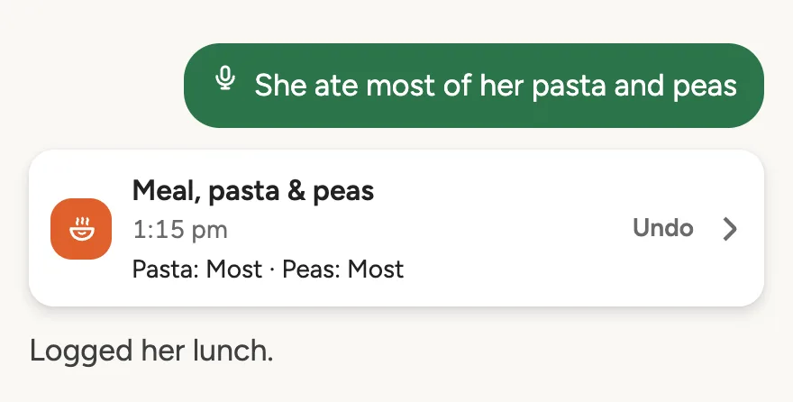 Grandma says she ate most of her pasta and peas. Logged as a meal at 1:15 pm.