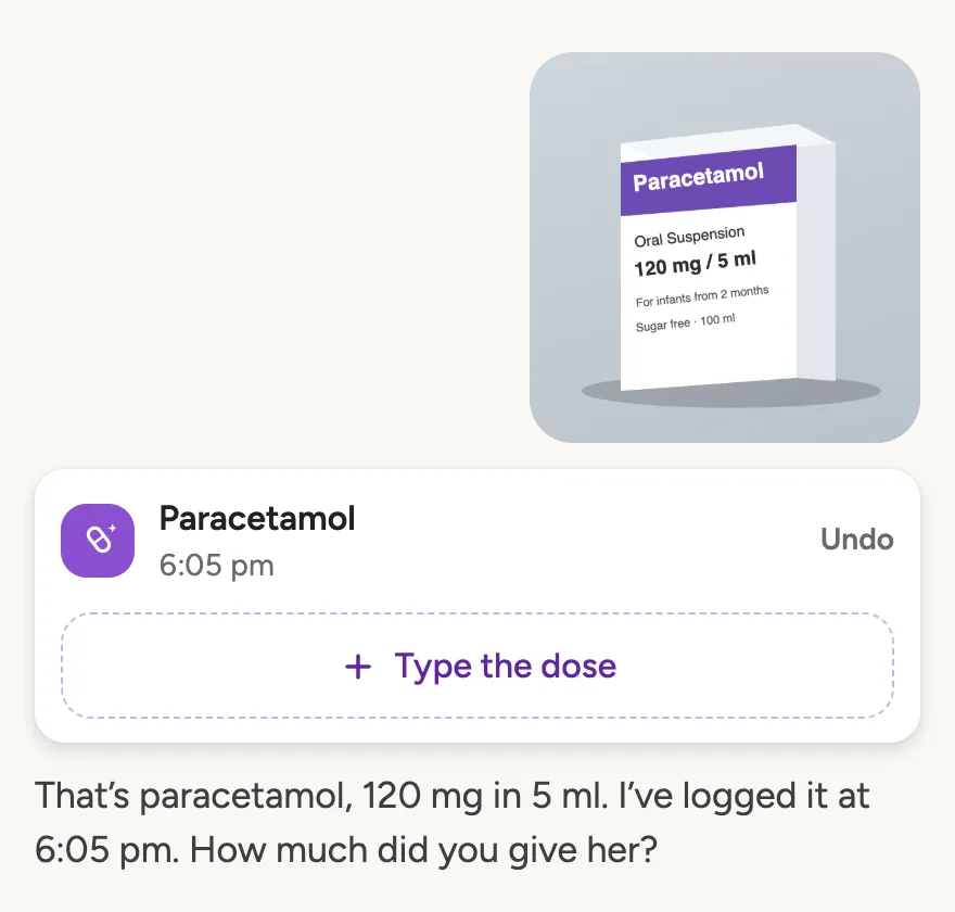 A photo of a paracetamol box. Doodle reads the name off the label and logs the dose at 6:05 pm, then asks how much was given.